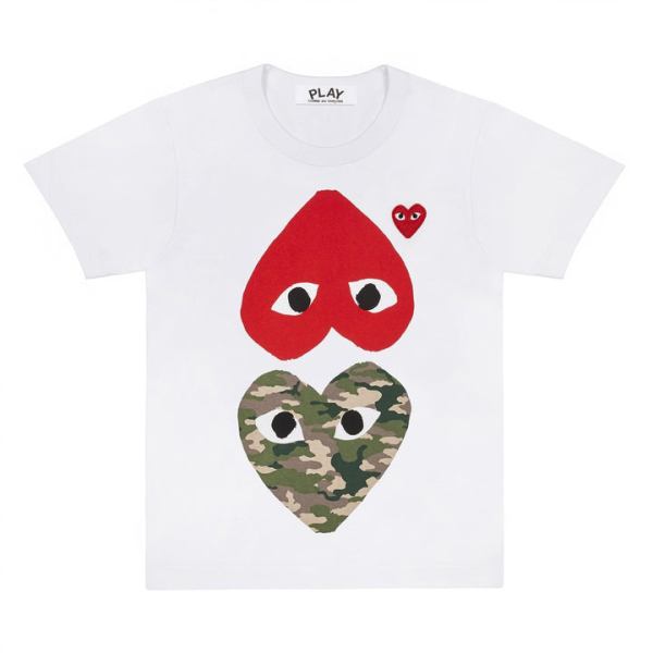play white t-shirt with camo printed mirror hearts
